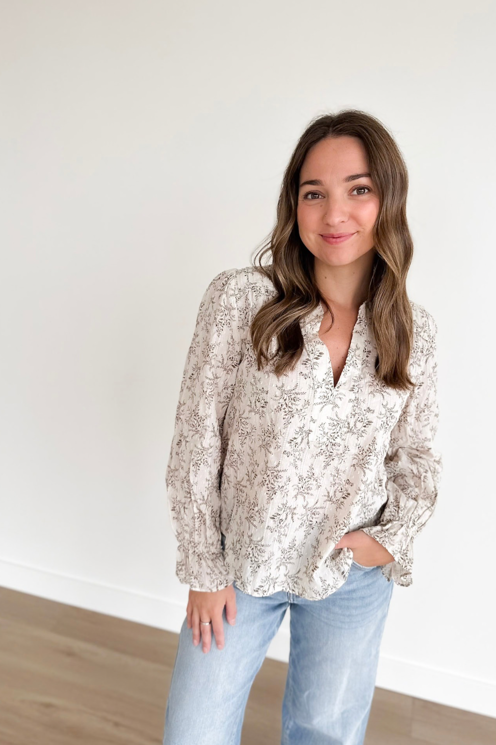 Floral Leaf Print Long Sleeve Blouse