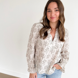 Floral Leaf Print Long Sleeve Blouse