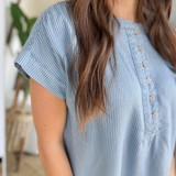 Chambray Vertical Striped Short Sleeve Top