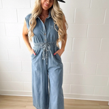 Denim Button Up Sleeveless Jumpsuit
