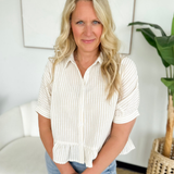 Natural Stripe Button Down Ruffle Top