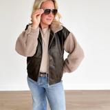 Brown Faux Leather Sherpa Bomber Jacket