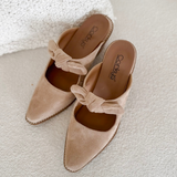 Camel Suede Slip on Heeled Mules
