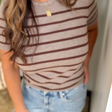 Hazelnut Striped Short Sleeve Knit Top
