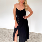 Black Flowy Maxi Dress w/ Contrast Buttons