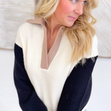 Colorblock Cream Ribbed Knit Relaxed Sweater