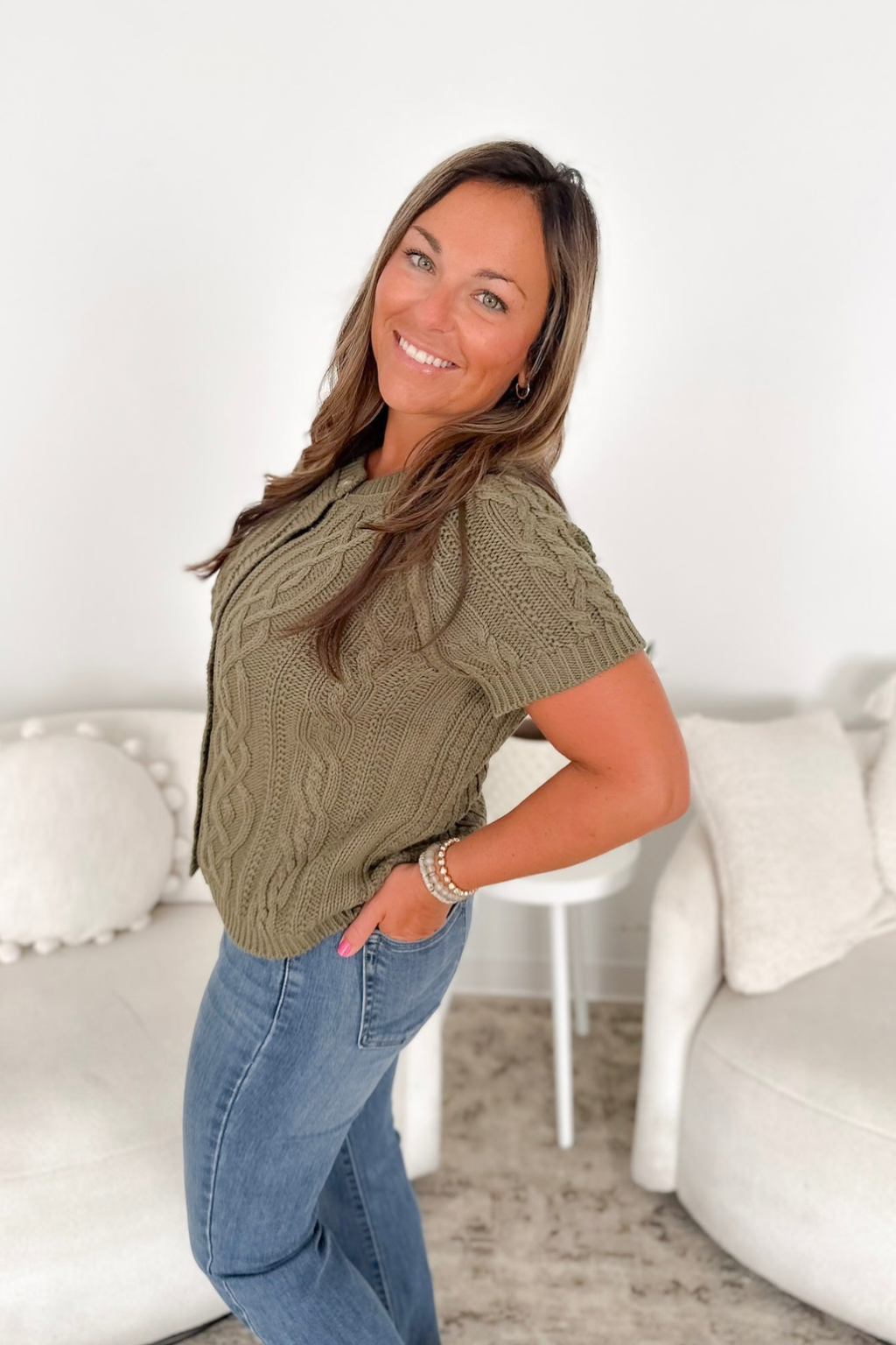 Olive Cable Knit Button Short Sleeve Top