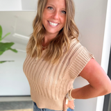 Mocha Open Knit Collared Short Sleeve Sweater