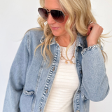 Ruffled Hem Medium Wash Denim Jacket