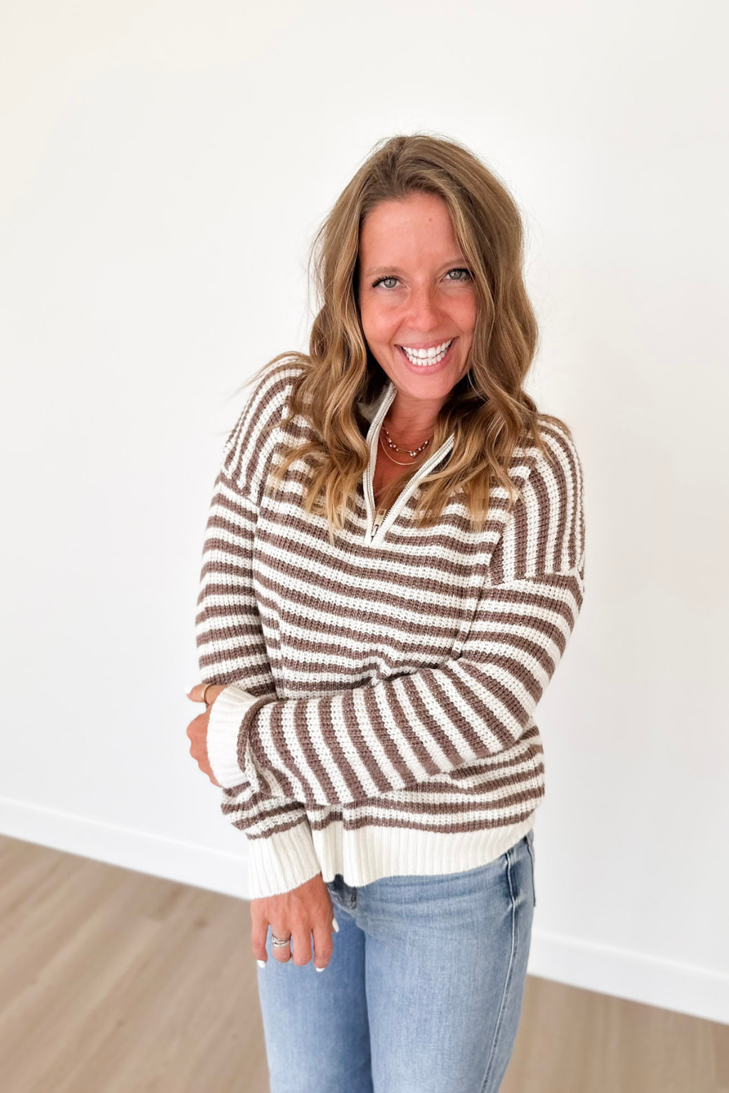 Mocha 1/2 Zip Mock Neck Striped Pullover