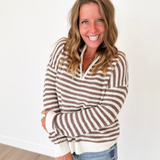 Mocha 1/2 Zip Mock Neck Striped Pullover