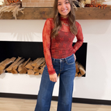 Brick Mock Neck Lace Long Sleeve Top