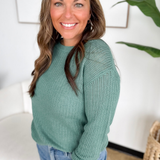 Pointelle Textured Green Long Sleeve Top