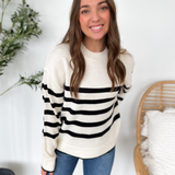 Relaxed Ivory Knit Sweater with Black Stripes