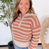Terracotta/Taupe Striped Collared 1/2 Pullover
