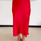 Red Satin Midi Skirt
