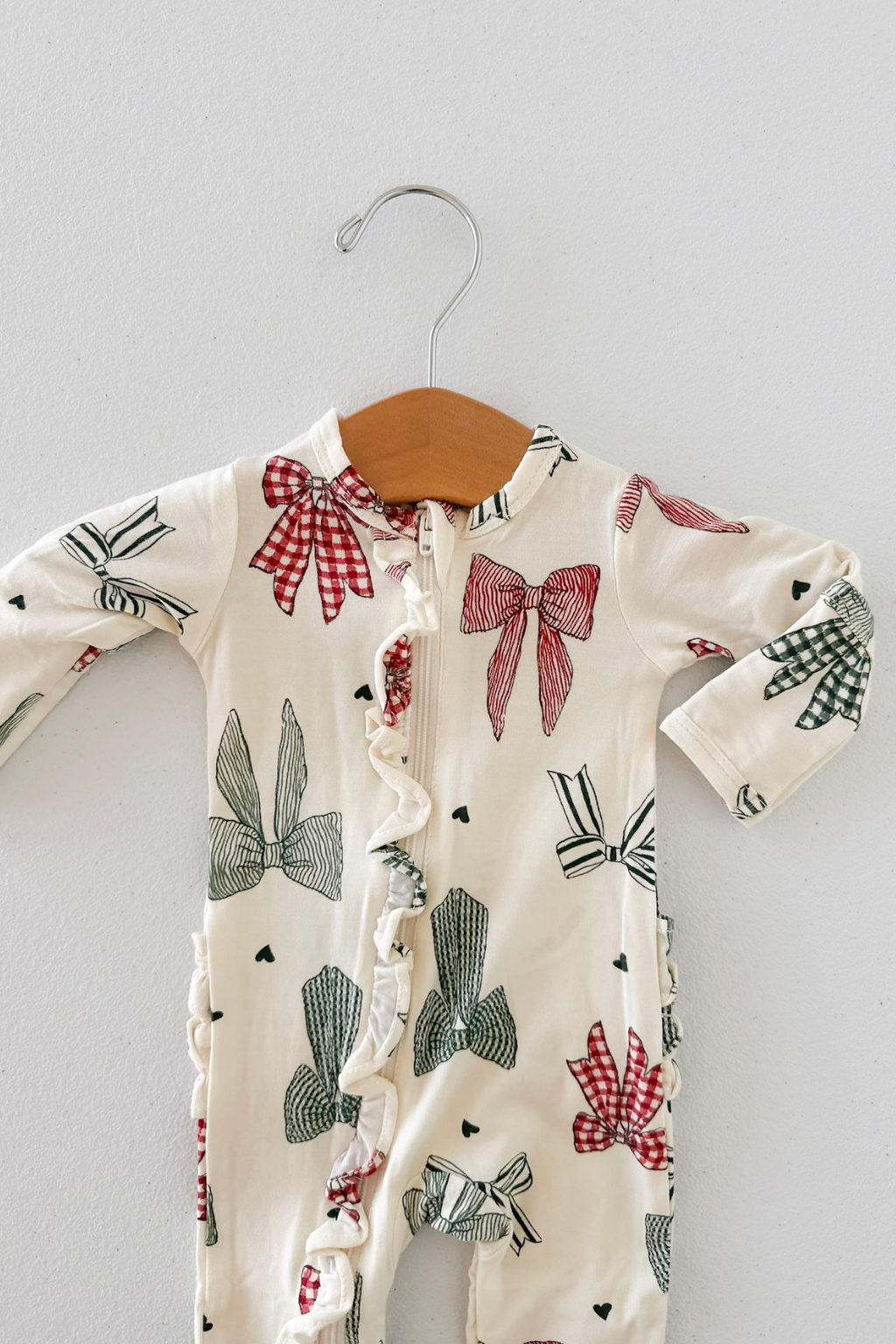 Christmas Bows Ruffle 2 Way Zip Footie