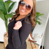 Active Long Sleeve Collared Black Romper with Skirt