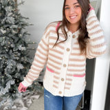 Cream/Taupe Striped Button Top with Pink Accents