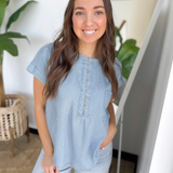 Chambray Vertical Striped Short Sleeve Top