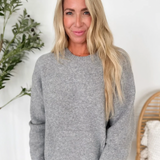 Grey Knit Tunic Sweater with Front Pocket