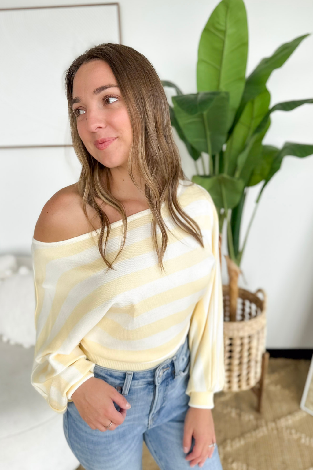 Light Yellow Striped Dolman Sleeve Sweater