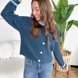 Two Tone Blue Knit Button Cardigan