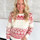 Red & Cream Pattern Crewneck Sweater