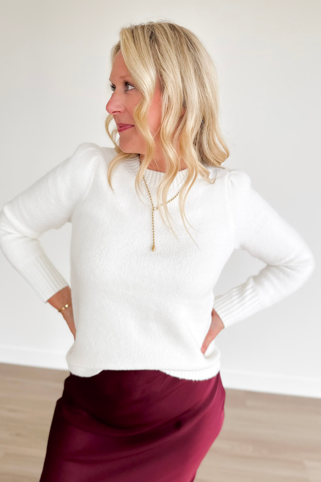 Ivory Soft Knit Puff Long Sleeve Sweater