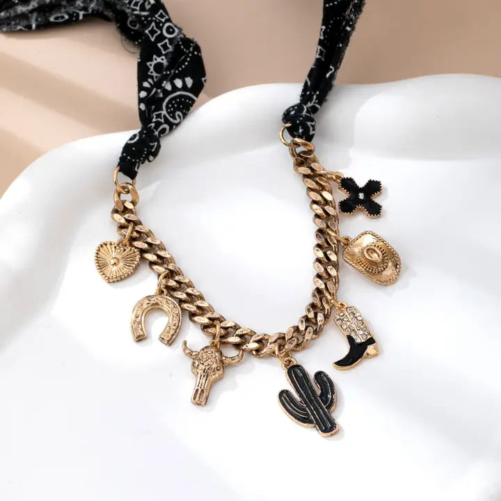 Black Split Scarf Charm Necklace