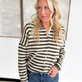 Dark Olive/Oatmeal Striped Button Sweater