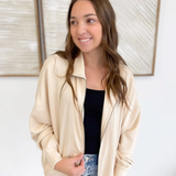 Casual Zip Up Relaxed Jacket-Cream