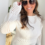 Open Crochet Ivory Boat Neck Sweater