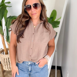 Camel Collared Button Short Sleeve Top