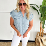 Chambray Short Sleeve Button Collared Top