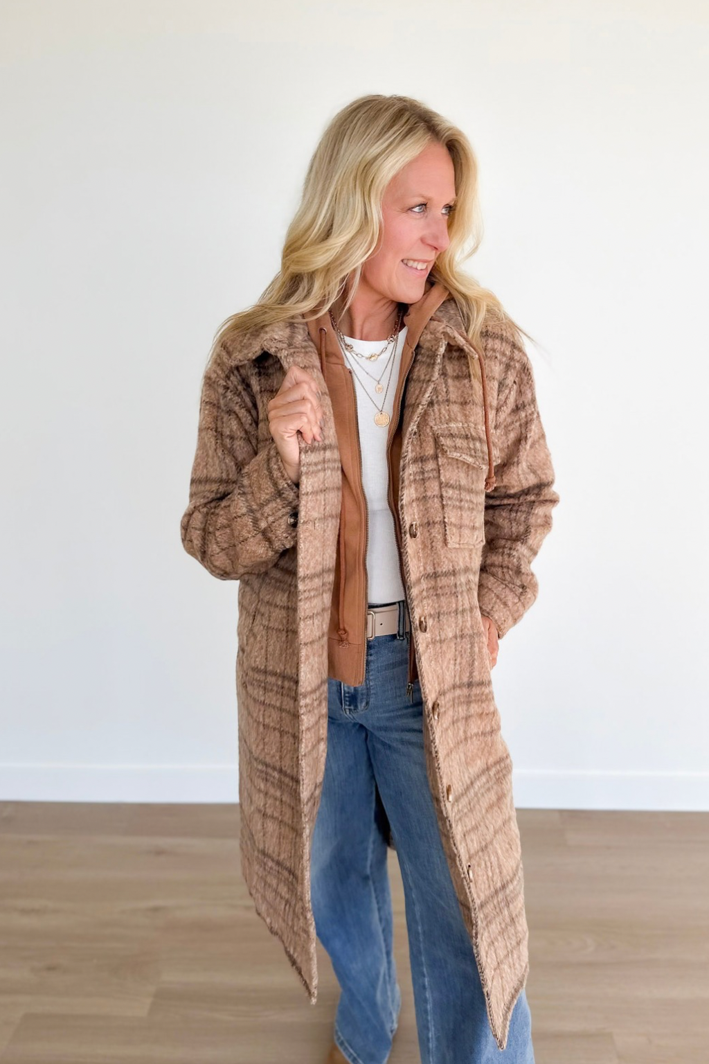Latte Hooded Plaid Jacket
