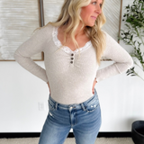 Taupe Ribbed Lace Trim Henley Top