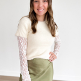 Fuzzy Cream Sweater with Lace Sleeves