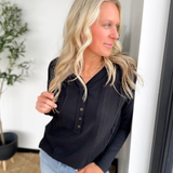 Black Long Sleeve Cable Knit 1/2 Button Top