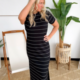 Black Soft Knit White Stripe Maxi Dress