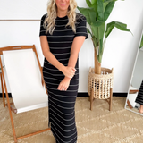 Black Soft Knit White Stripe Maxi Dress