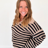 Tan & Black Striped Collared V-Neck Sweater
