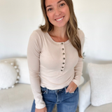 Beige Fitted Long Sleeve Henley Top