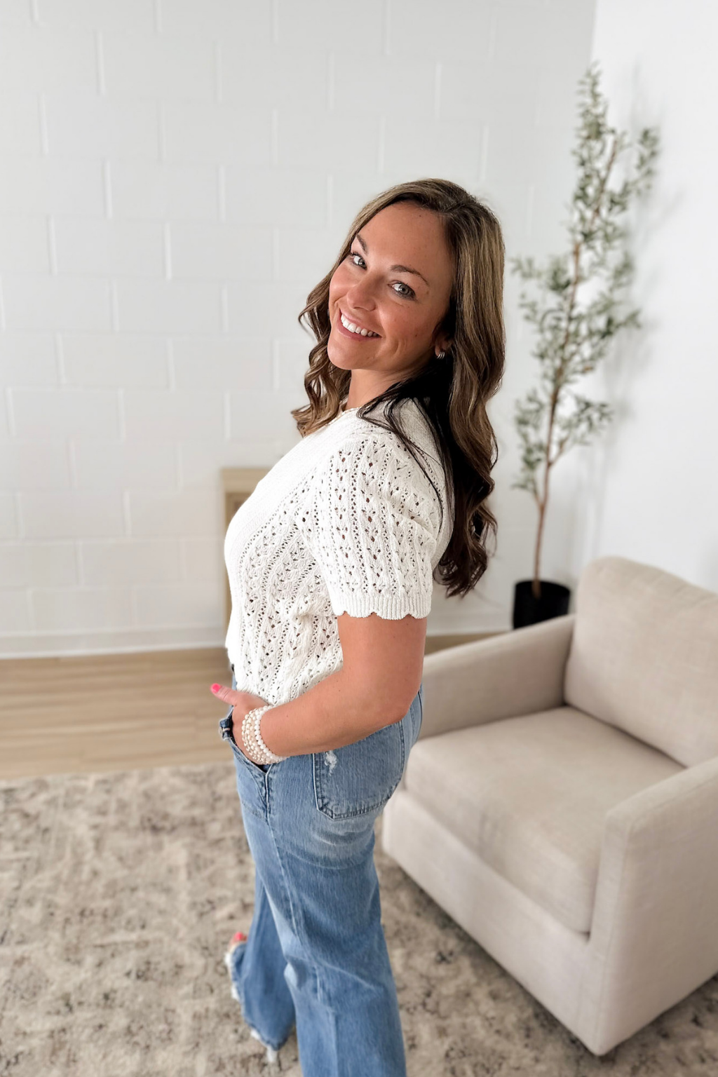 Off White Textured Knit Top