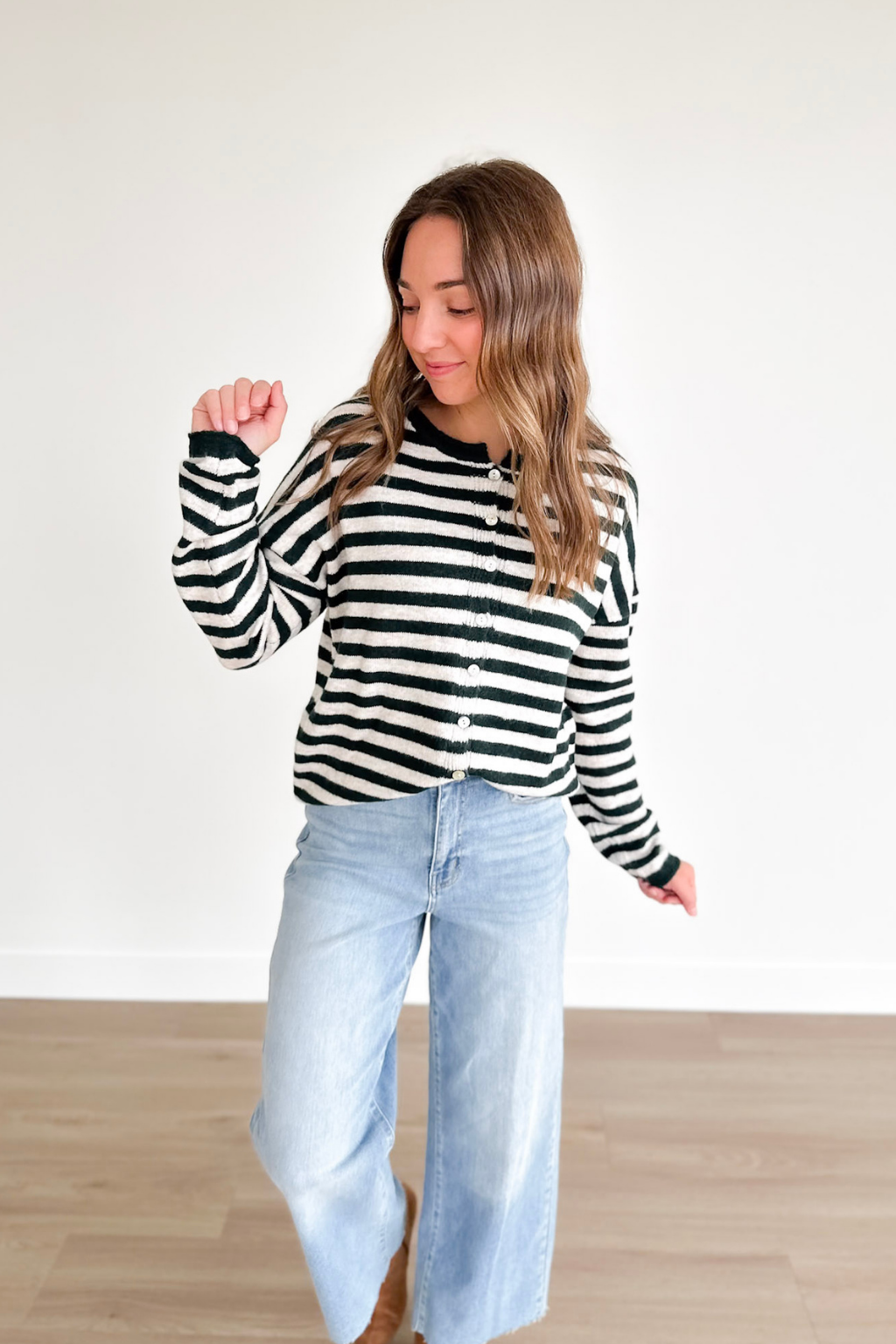 Forest Green/Ivory Striped Button Cardigan