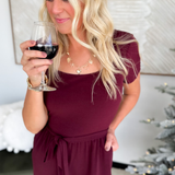 Square Neck Short Sleeve Wine Jumpsuit
