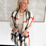 Cream/Black/Red Plaid Cashmere Scarf with Tassel