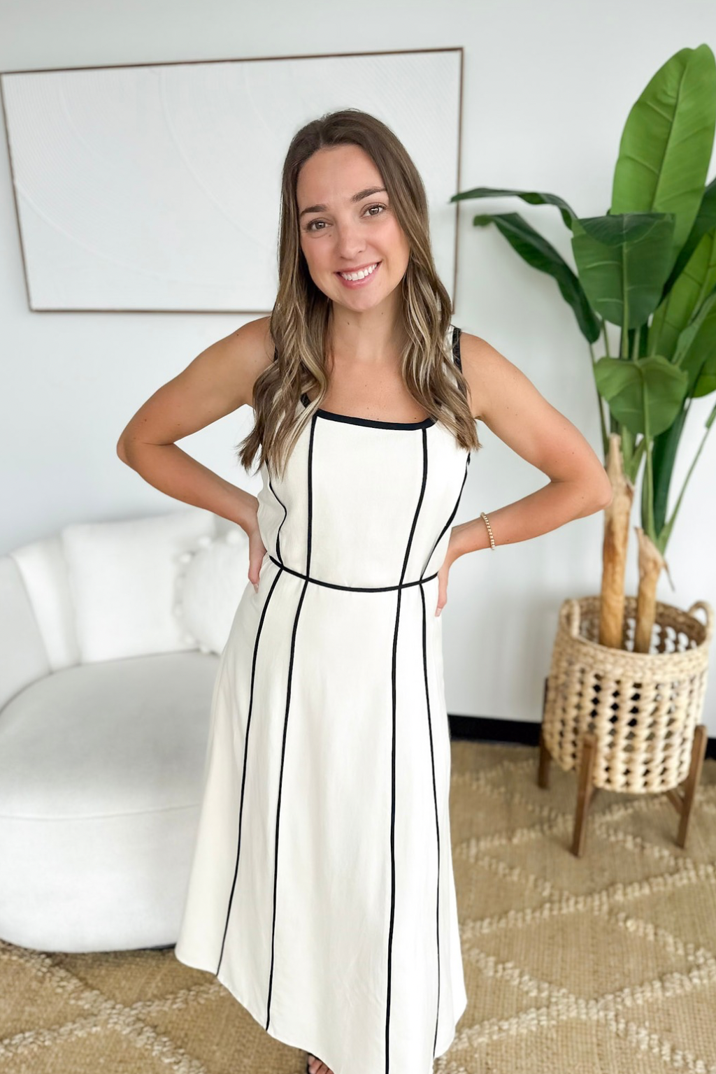 Cream Sleeveless Black Piping Flare Midi Dress