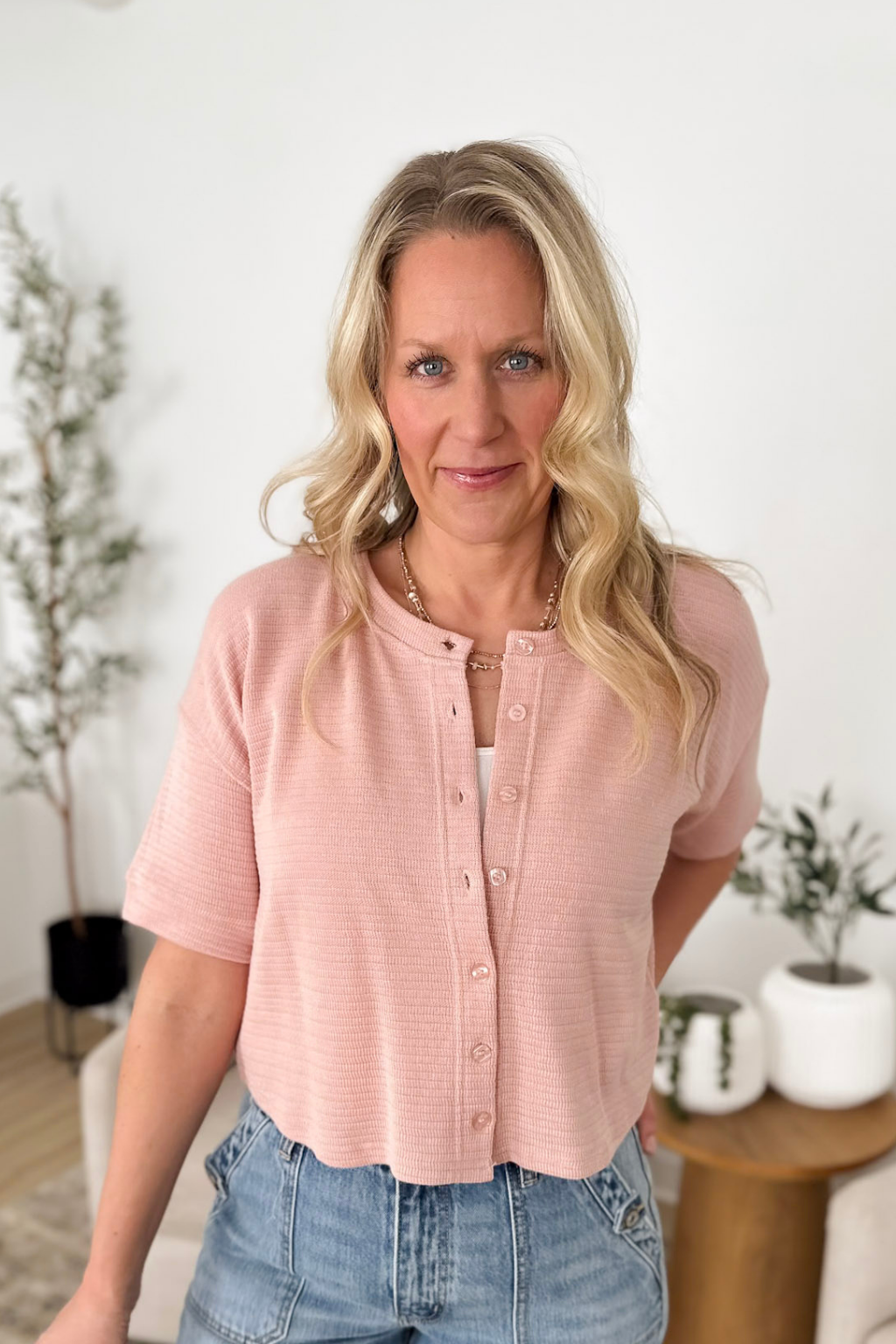 Blush Boxy Button Up Sweater