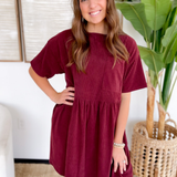 Burgundy Corduroy Short Sleeve Mini Dress